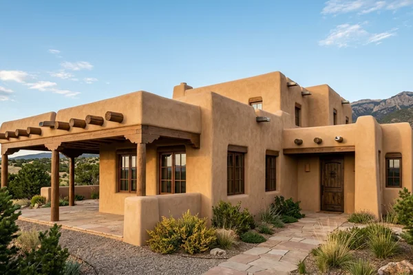 Pueblo-style home with a smooth beige stucco exterior, wooden vigas, and Southwestern architecture set against the mountains near Santa Fe, New Mexico. 